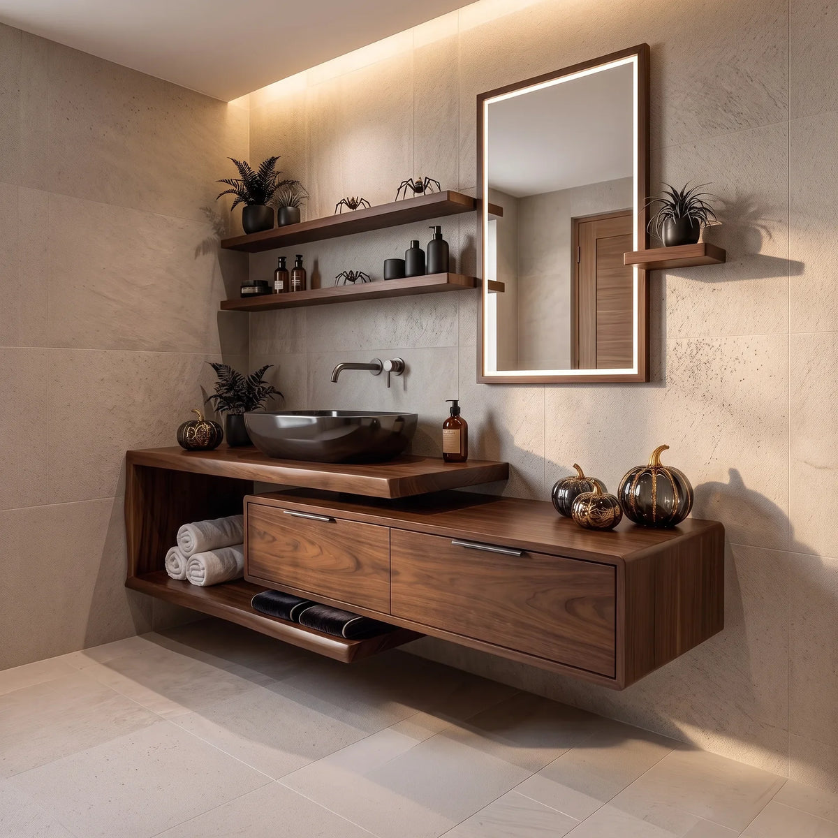 Handcrafted Mid Century Floating Vanity Primary Ensuite