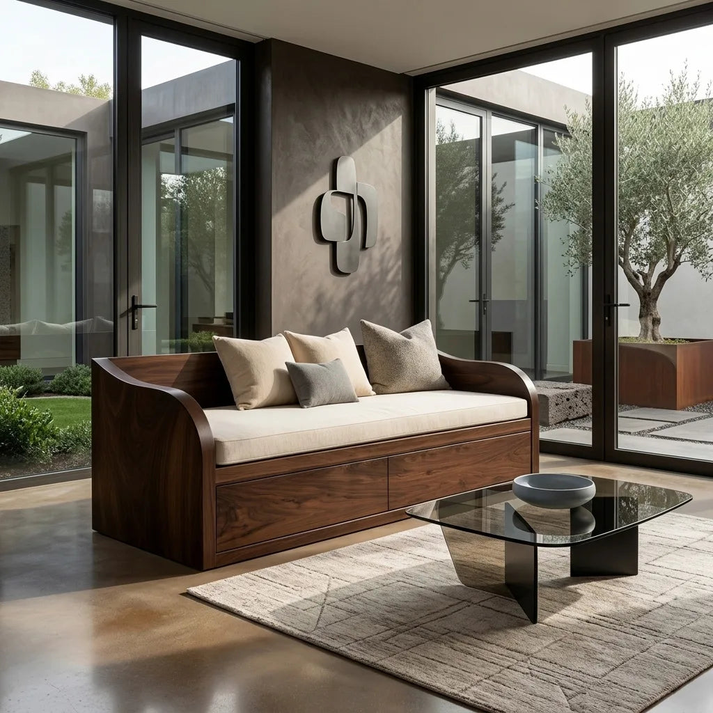 Modern Wooden Sofa With Integrated Drawers For Living Room