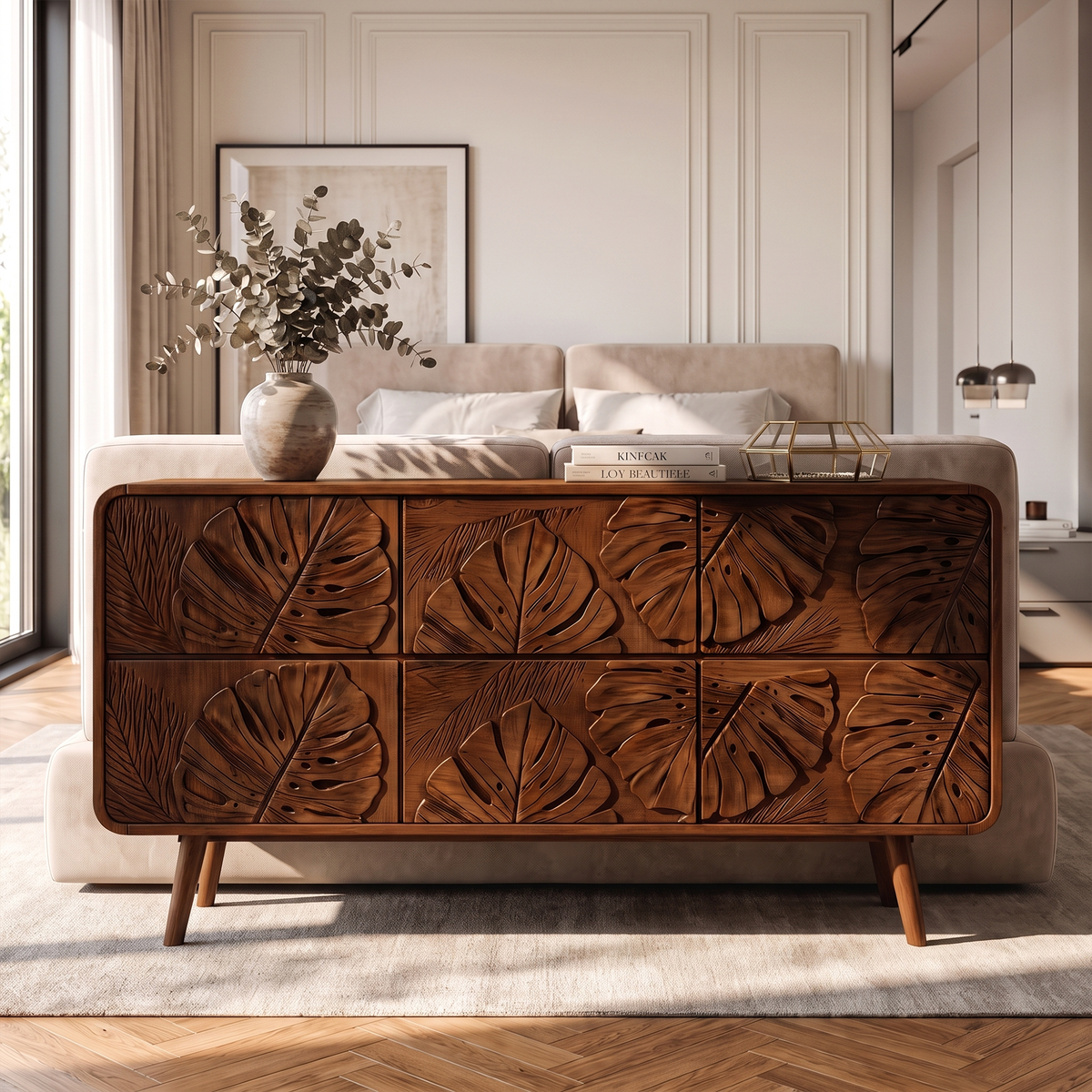 Rustic Dresser With Carved Floral Front For Bed Room