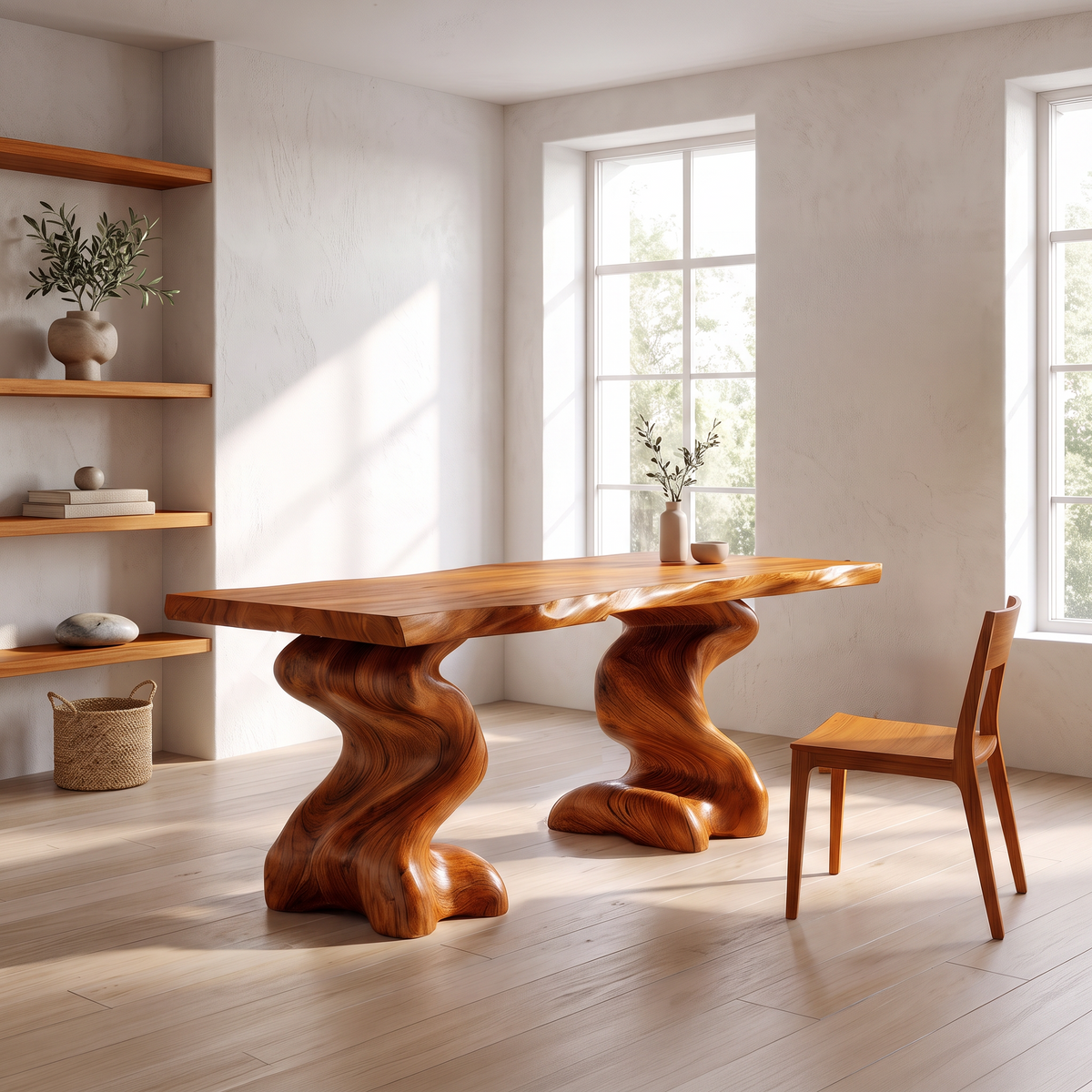 Natural Wooden Desk With Root Form Base For Workspace