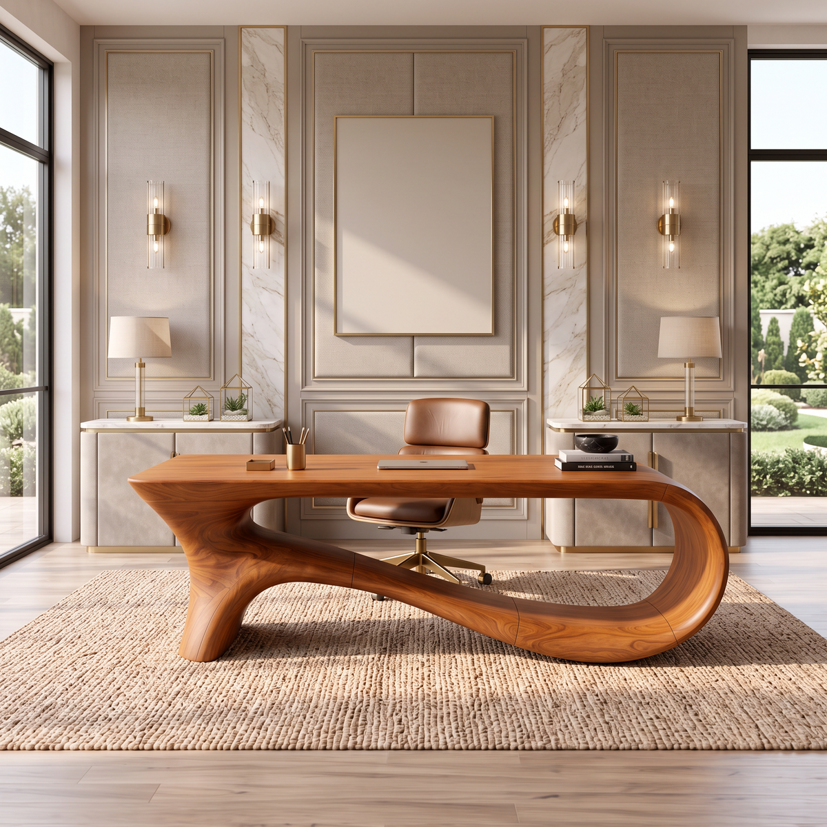 Contemporary Office Desk With Asymmetrical Curved Legs For Workspace