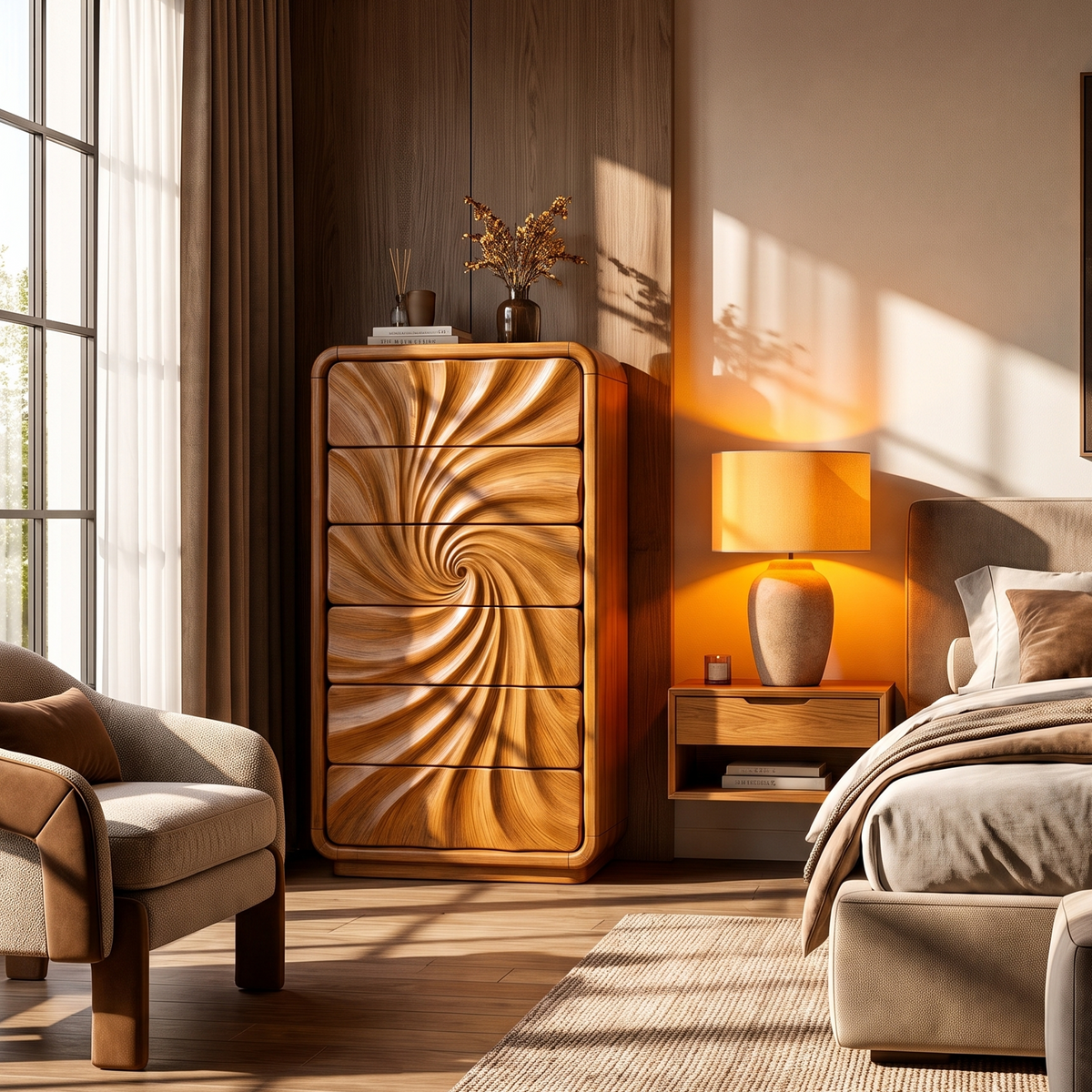 Modern Tall Dresser With Flowing Wave Drawer Design For Bedroom