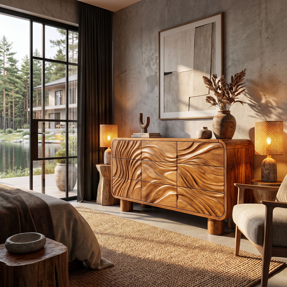 Contemporary Bedroom Dresser Drawers With Sculpted Wave Pattern And Curved Corners For Bedroom