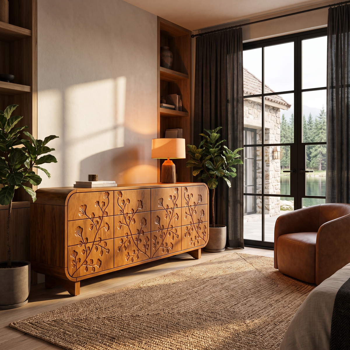 Minimalist All Wood Dresser With Subtle Leaf Carving And Soft Rounded Frame For Bedroom
