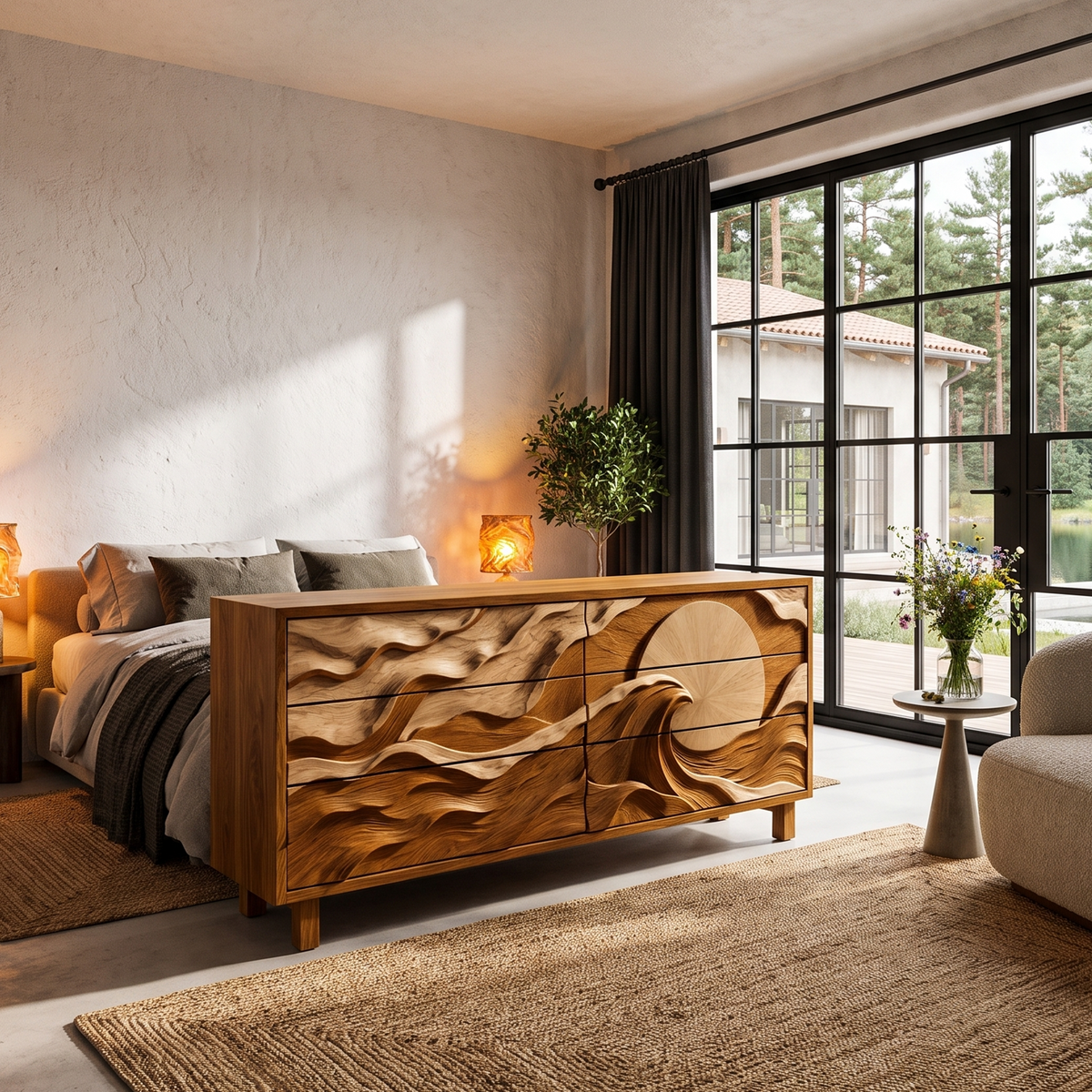 Modern Wooden Dresser With Wave Carved Drawer Fronts For Bedroom