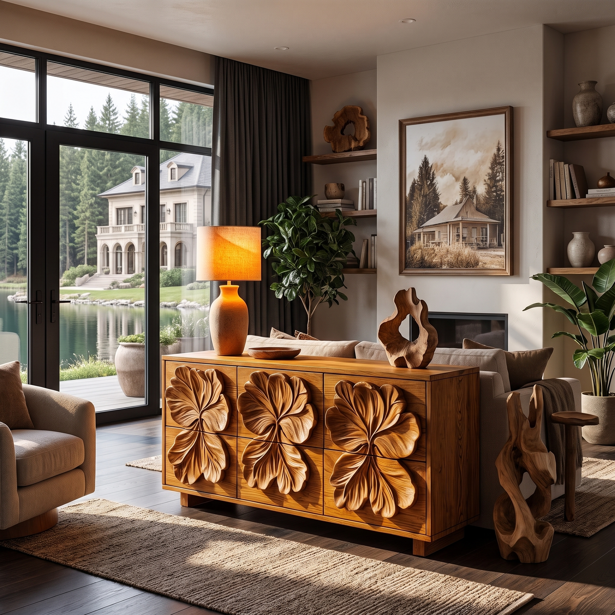 Rustic Bedroom Dresser With Hand Carved Floral Drawer Fronts And Natural Form For Bedroom