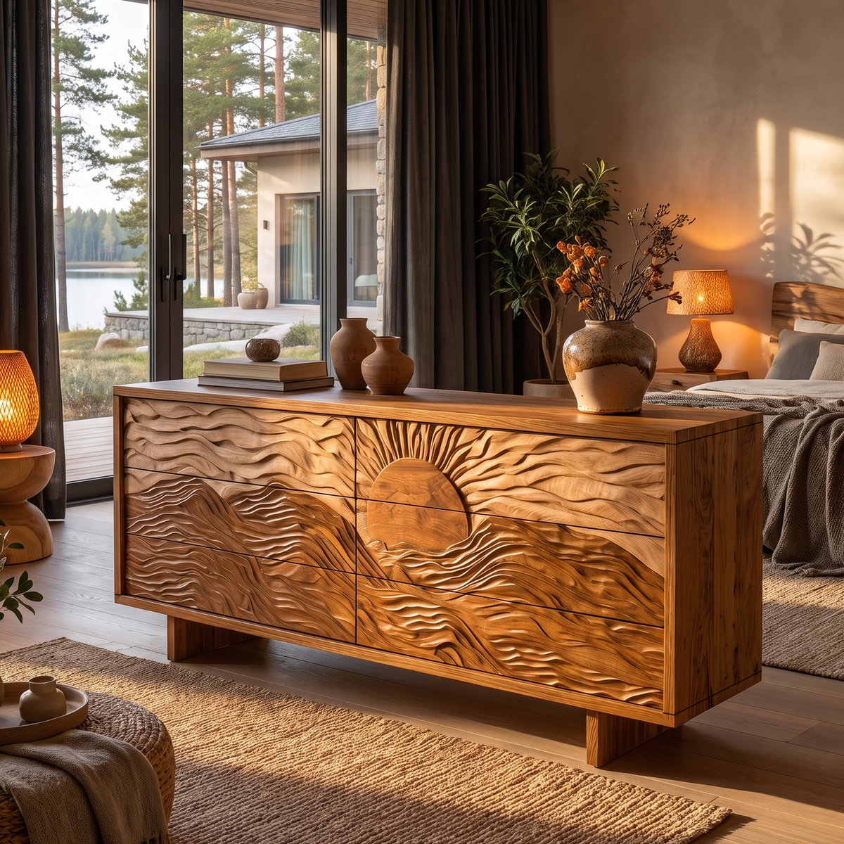 Modern Black Dresser With Mountain Landscape Carved Front For Bedroom
