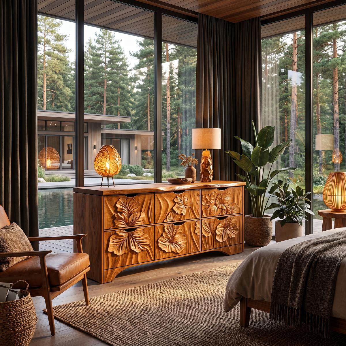 Organic Bedroom Dresser With Flowing Leaf Carved Design For Bedroom