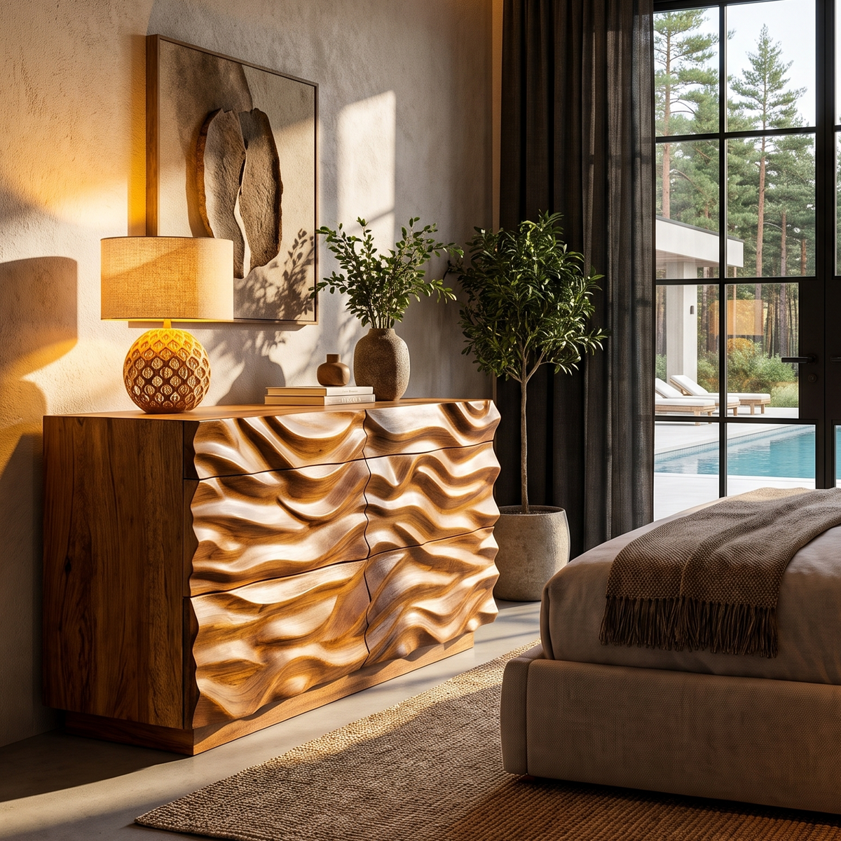 Modern Dresser With Sculpted Wave Front For Bedroom