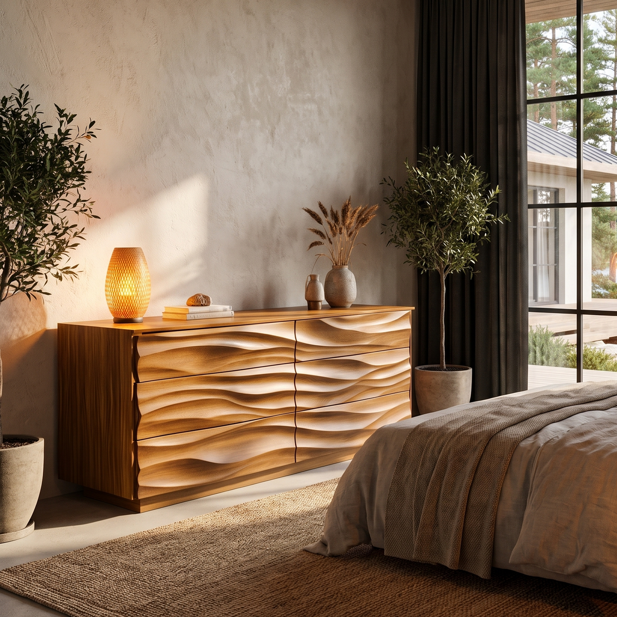 Modern Black Dresser With Wave Carved Front And Square Edge Design For Bedroom