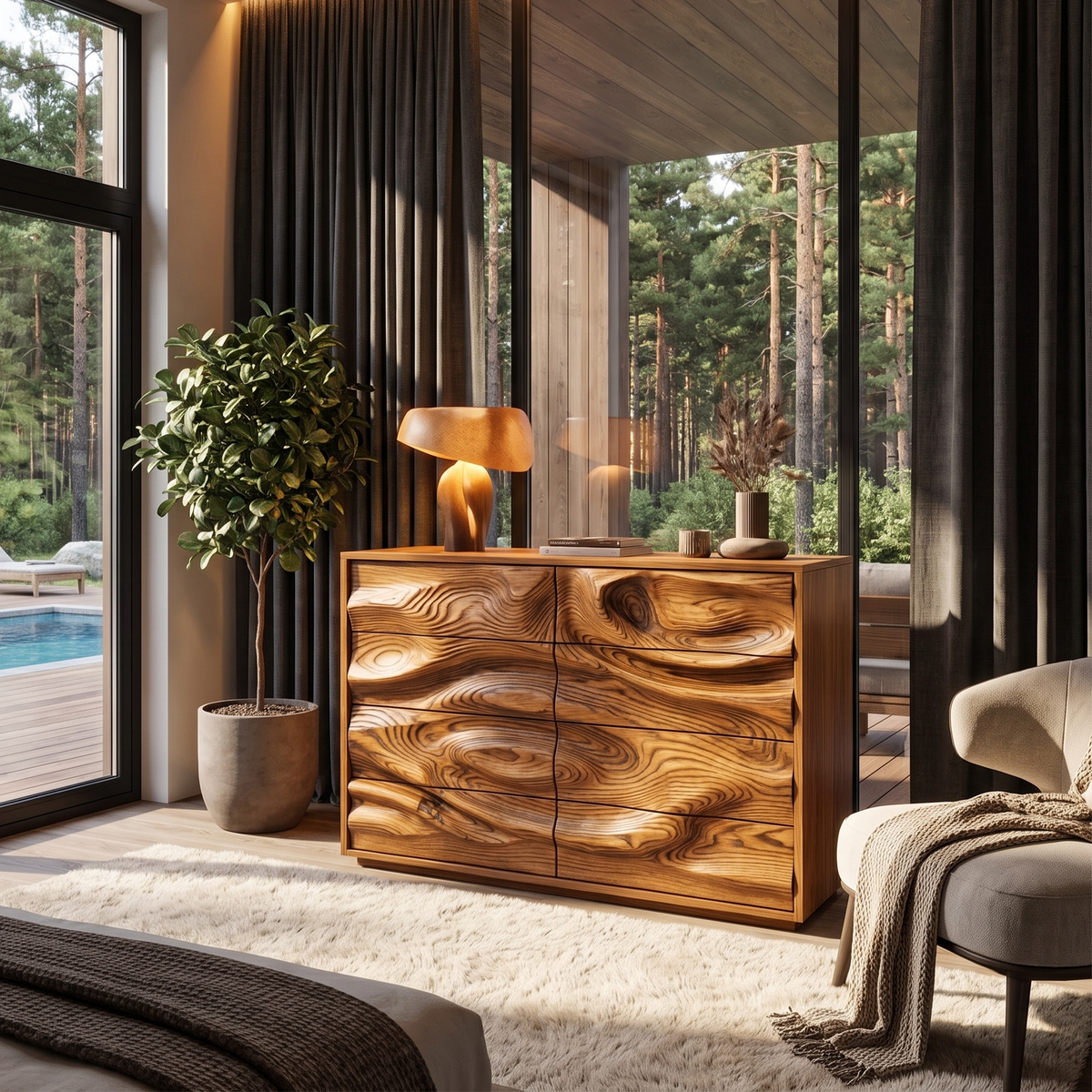 Contemporary Wooden Dresser With Sculpted Ripple Drawers For Bedroom