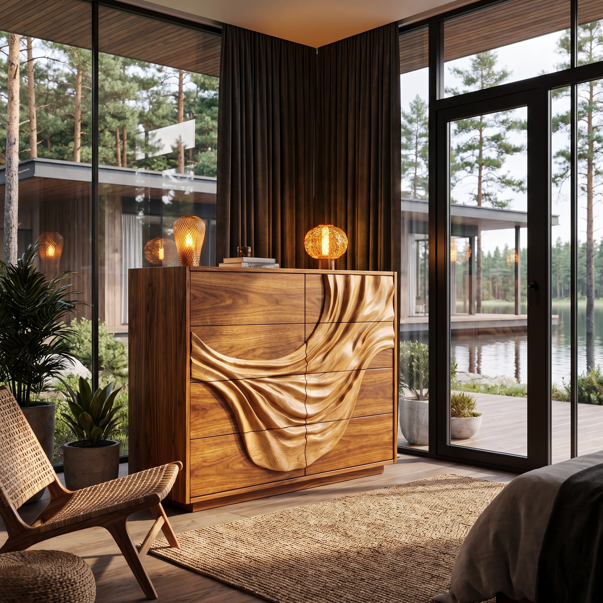 Contemporary Black Dresser With Strong Linear Detailing For Bedroom