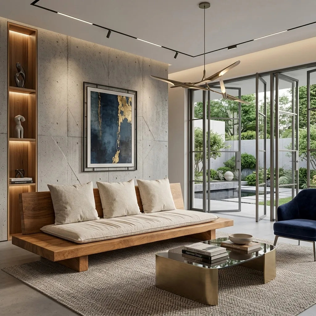Minimalist Wooden Sofa With Cushions For Living Room