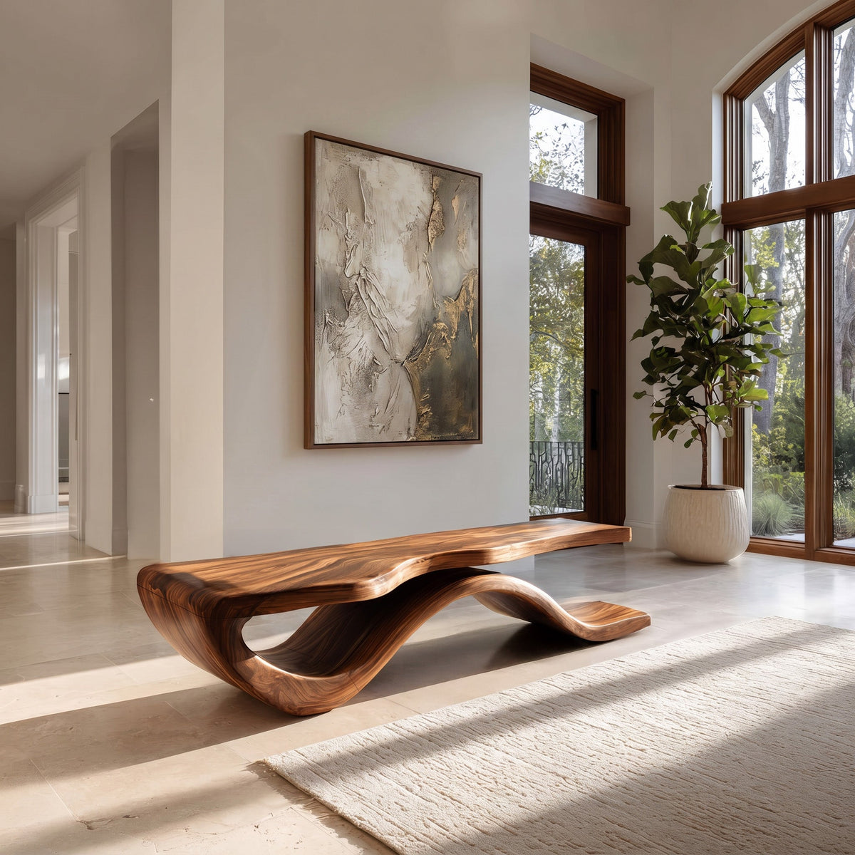 Modern Wave Base Wooden Bench For Entryway