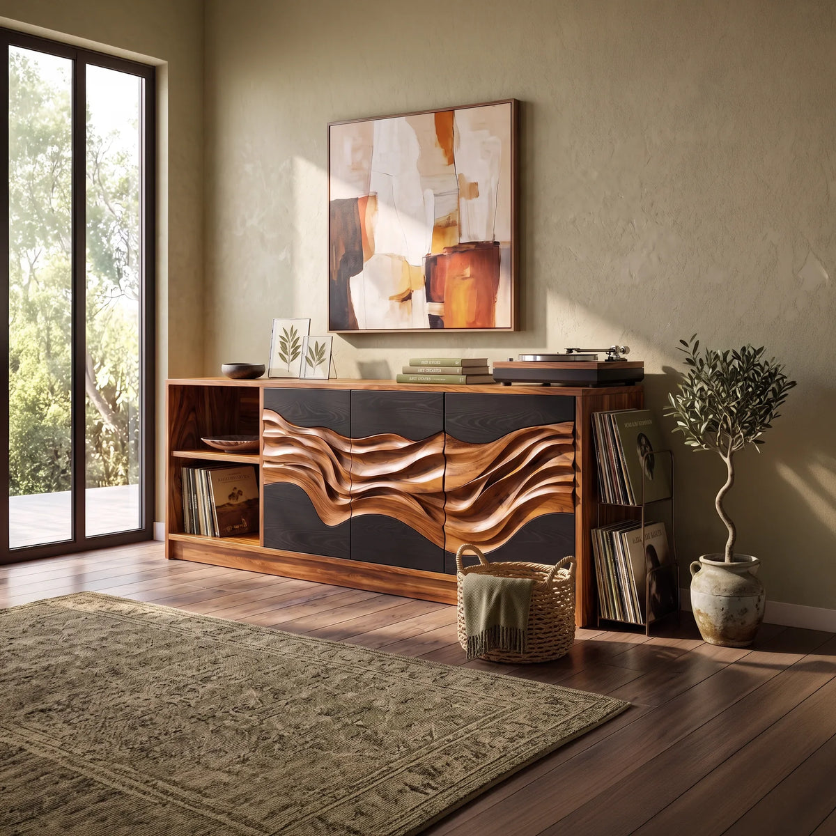 Handcrafted Ripple Carved Sideboard Cozy Dining Room