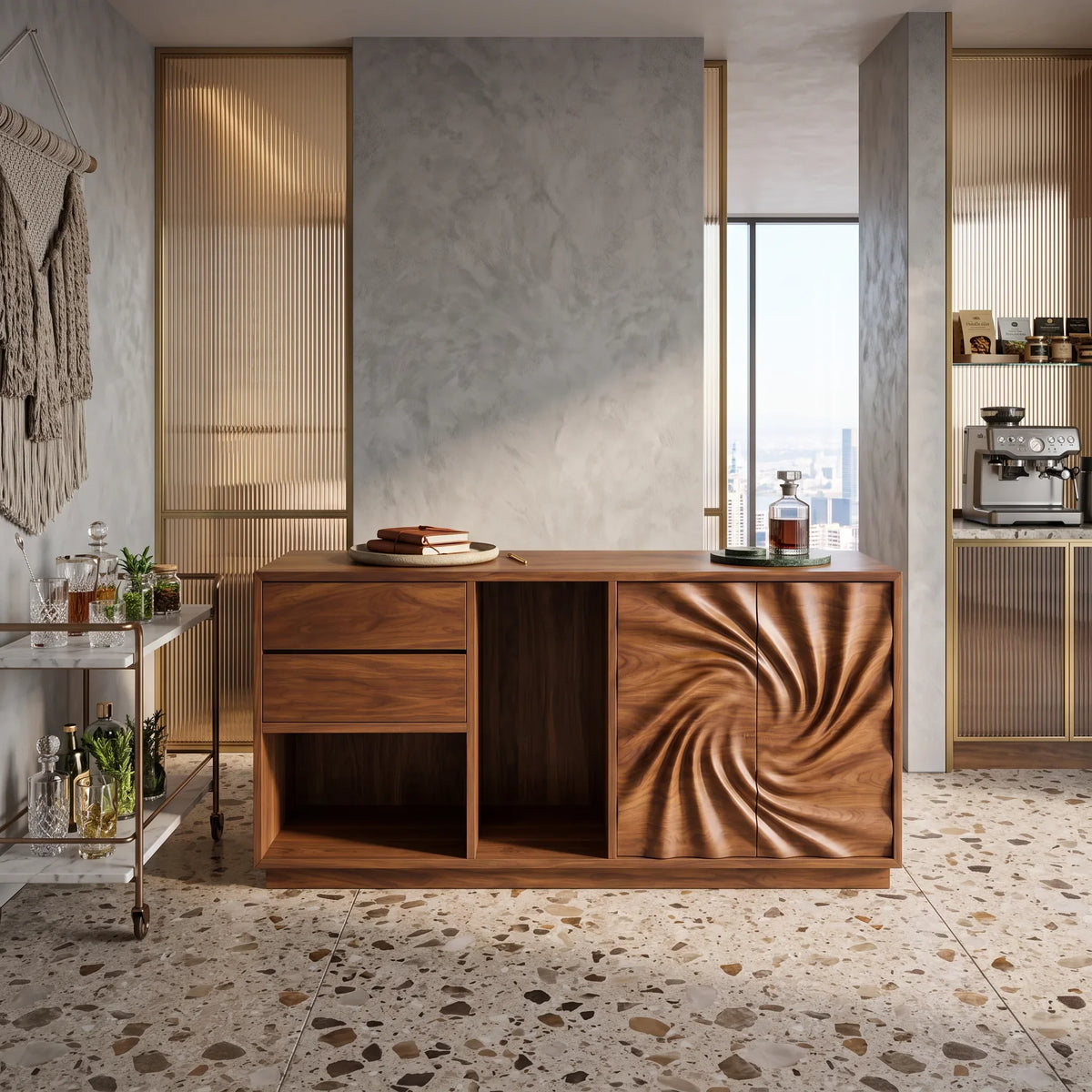 Modern Reeded Front Credenza Wide Living Room