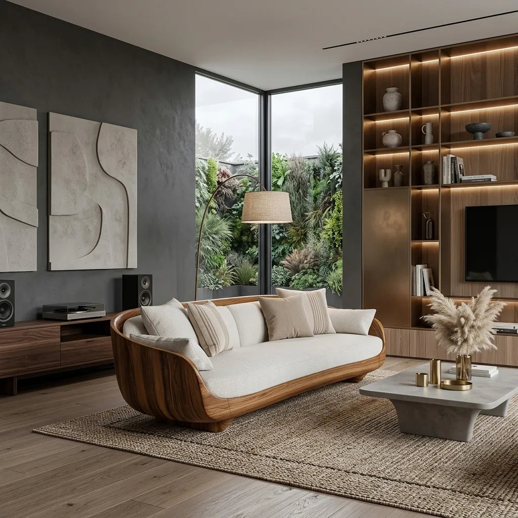 Contemporary Curved Wooden Sofa With Upholstered Seat For Living Room