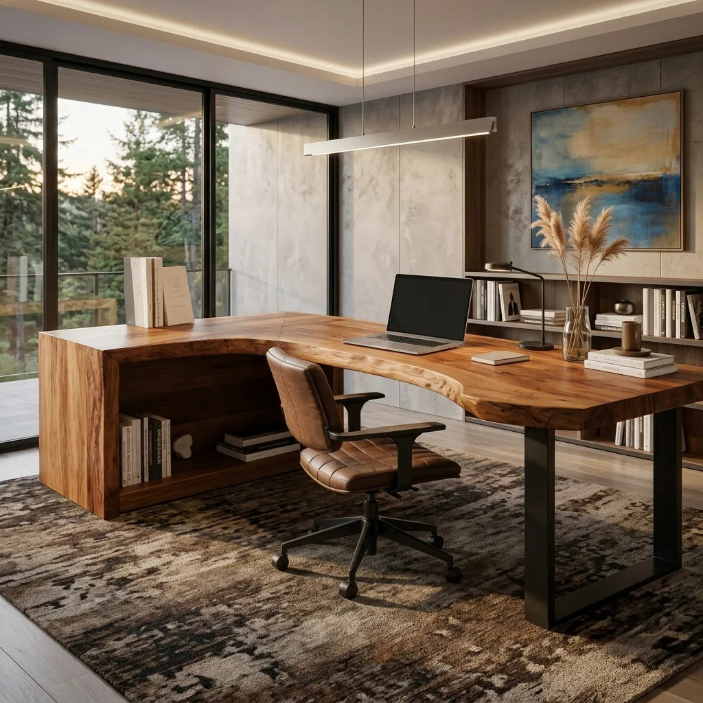 Rustic Live Edge L-Shaped Desk For Home Office