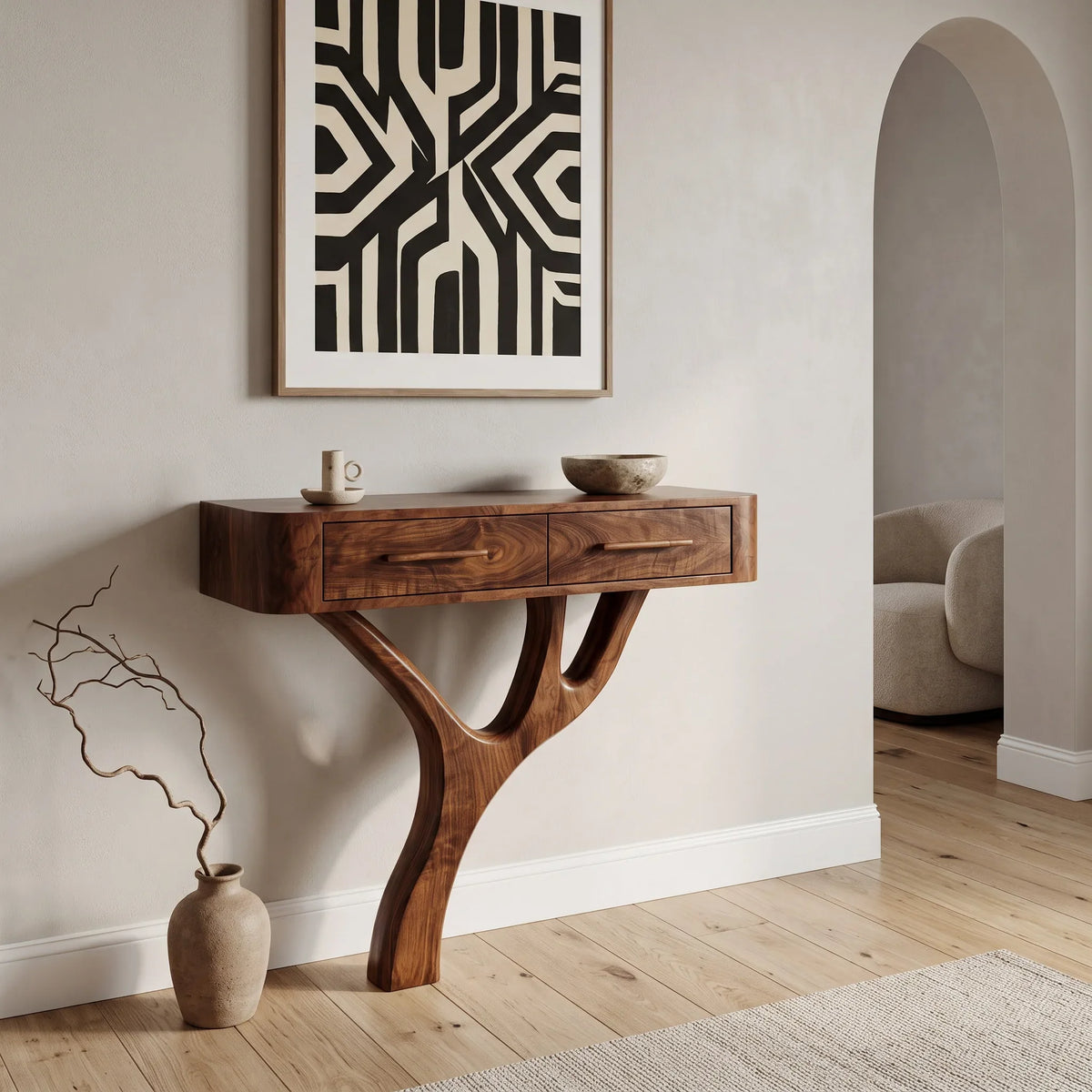 Modern Sculptural Wooden Console Table For Entryway