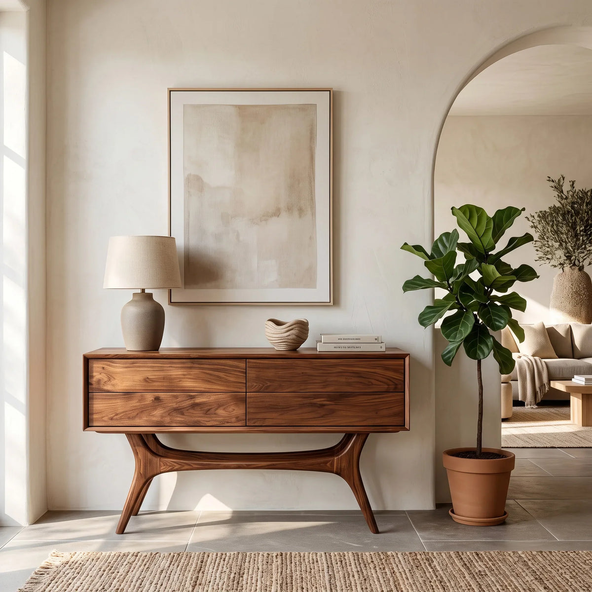 Organic Modern Curved Drawer Console Table For Entryway