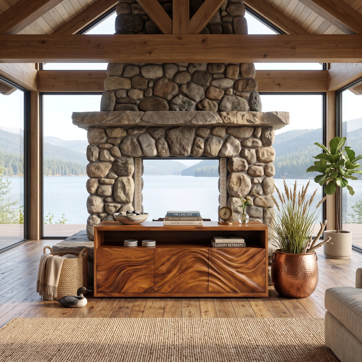 Minimalist Scalloped Carved Sideboard Bright Living Room