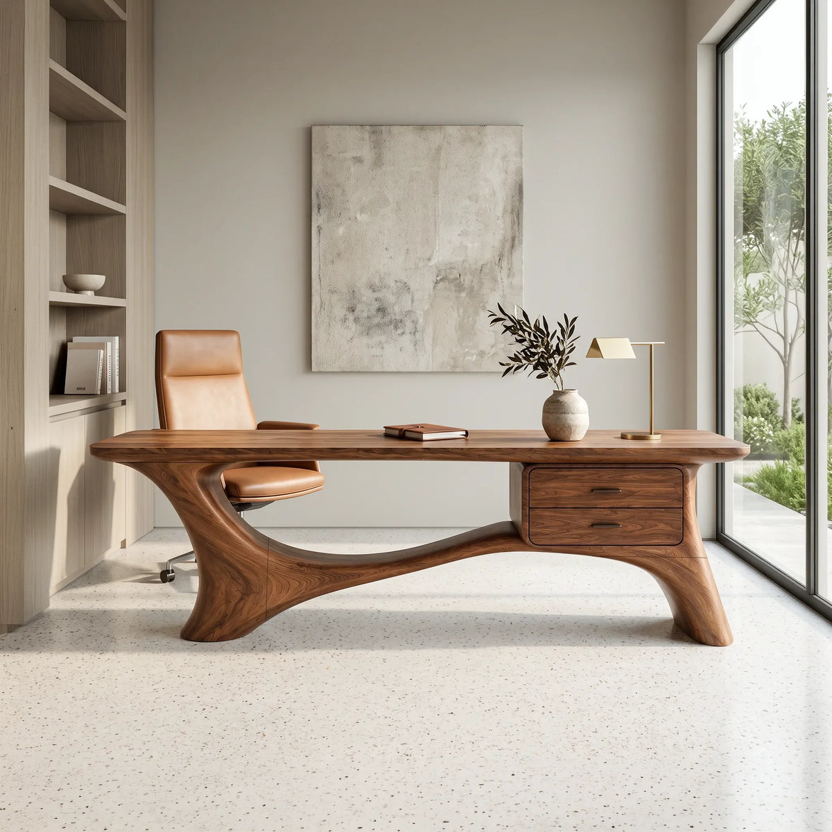 Contemporary Office Desk Sculptural Curved Base Modern Workspace