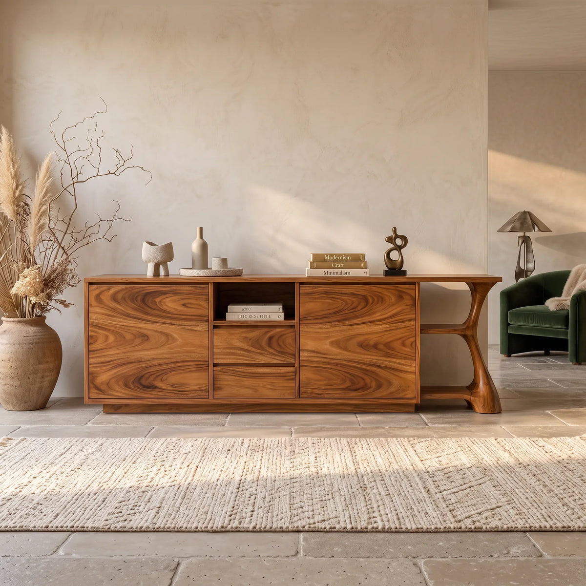 Rustic Relief Carved Sideboard Cozy Living Room
