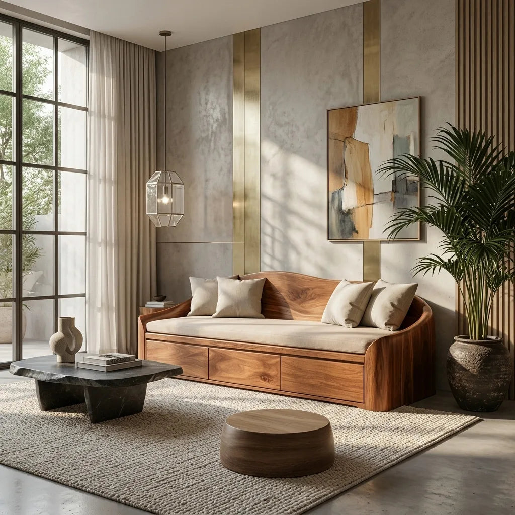 Contemporary Wooden Sofa With Drawers For Living Room