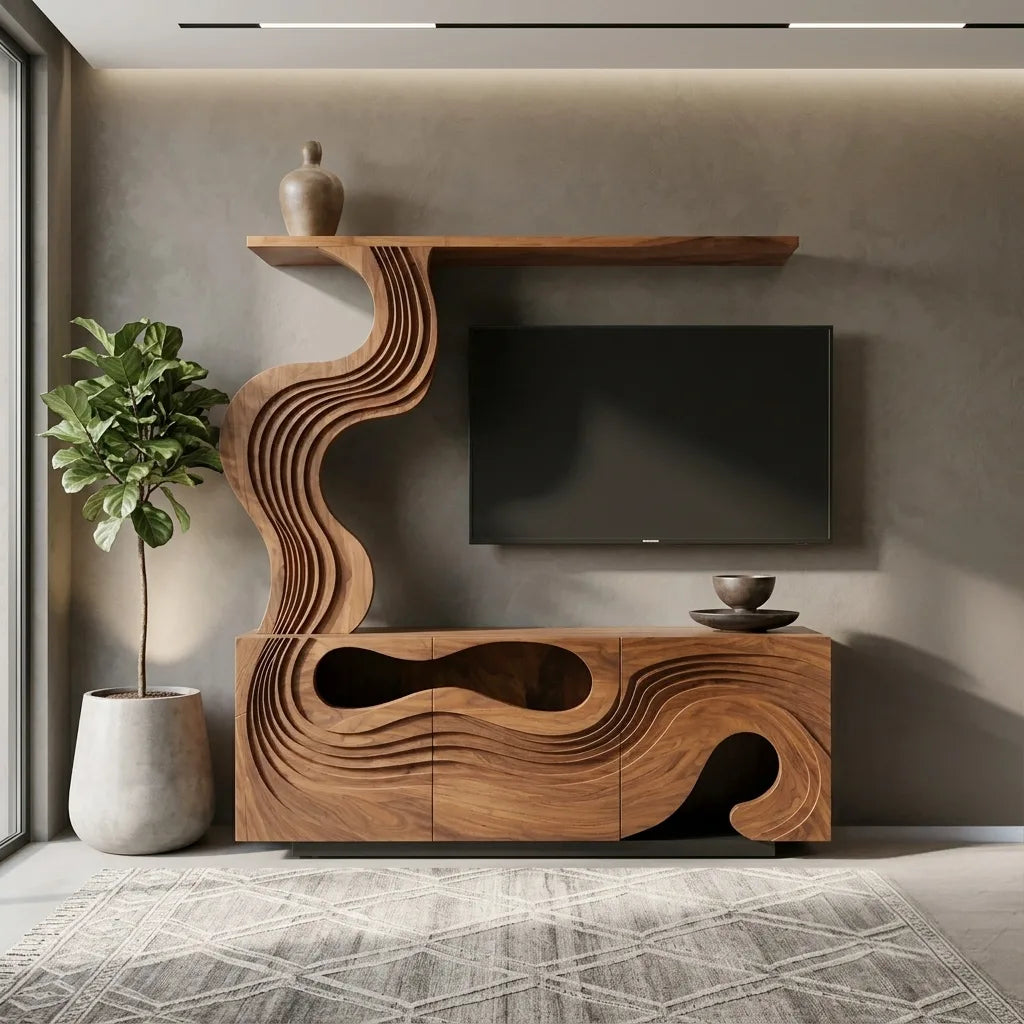 Sculptural Carved Wooden TV Stand With Display Shelf For Living Room