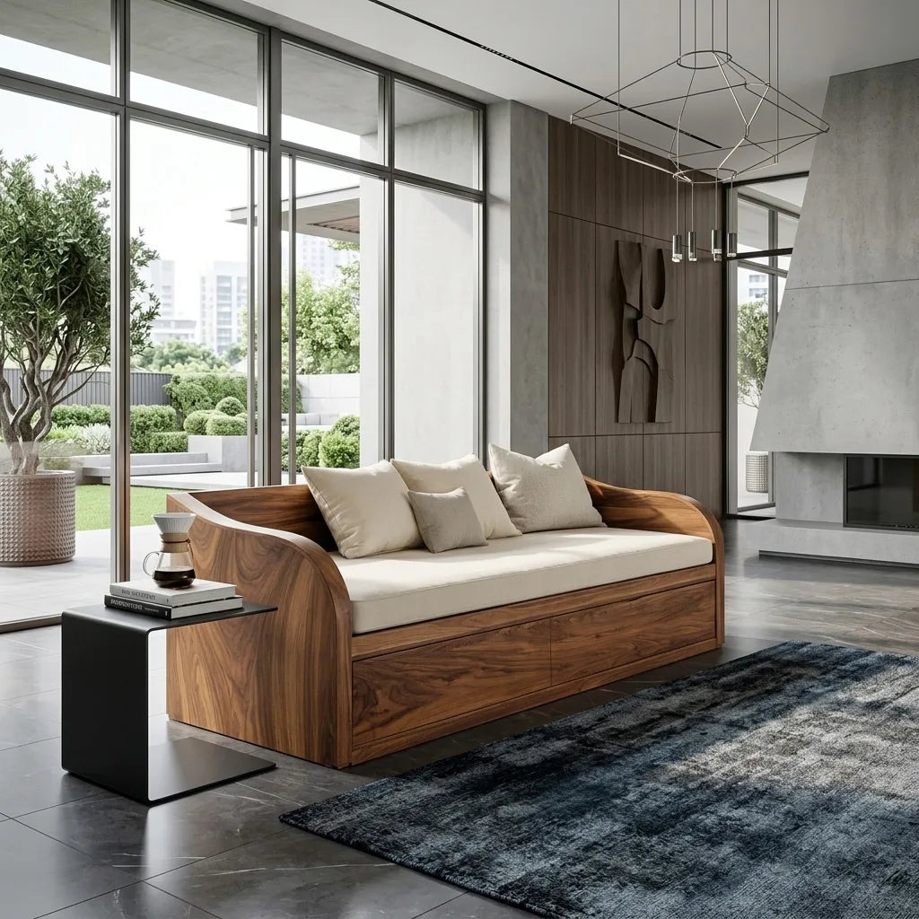 Modern Wooden Sofa With Integrated Drawers For Living Room