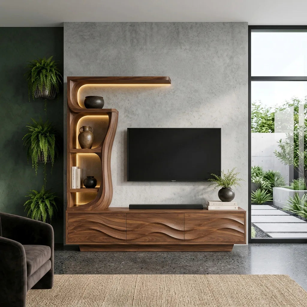 Contemporary Wave Carved Wooden TV Stand With Shelf For Living Room