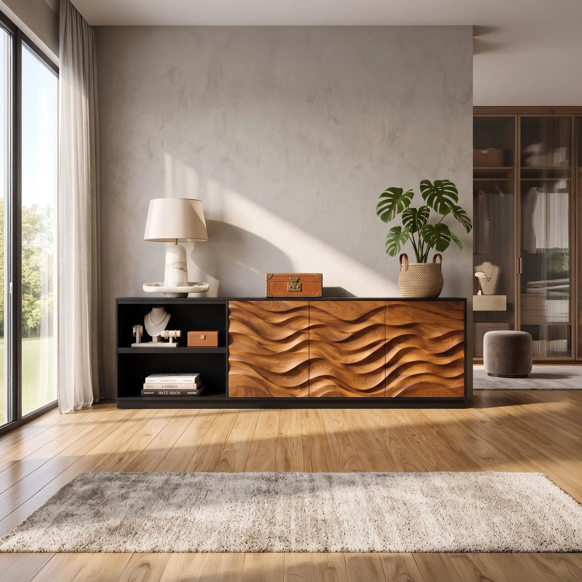 Mid Century Long Reeded Sideboard Modern Living Room