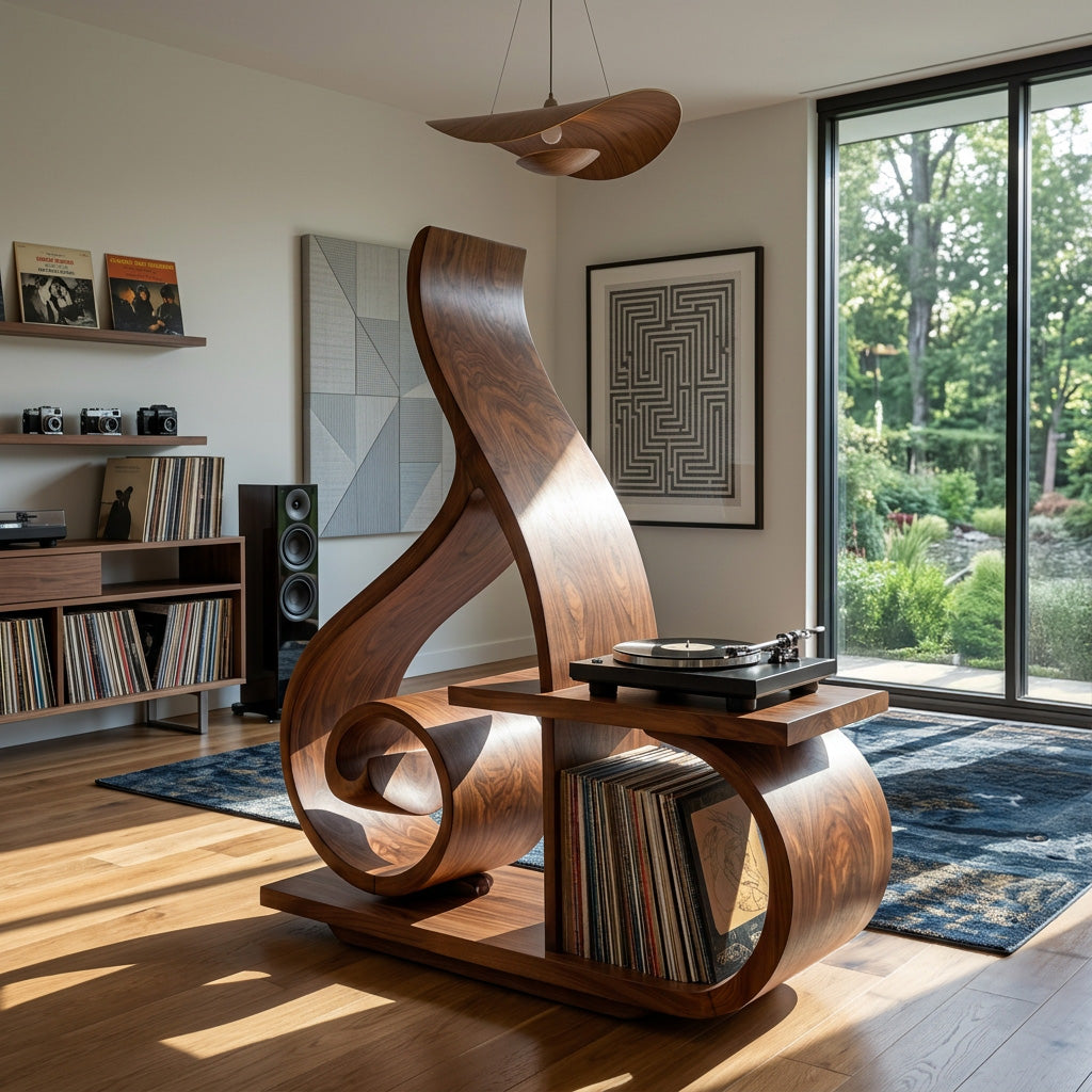 Contemporary Sculptural Wooden Record Player Stand For Living Room