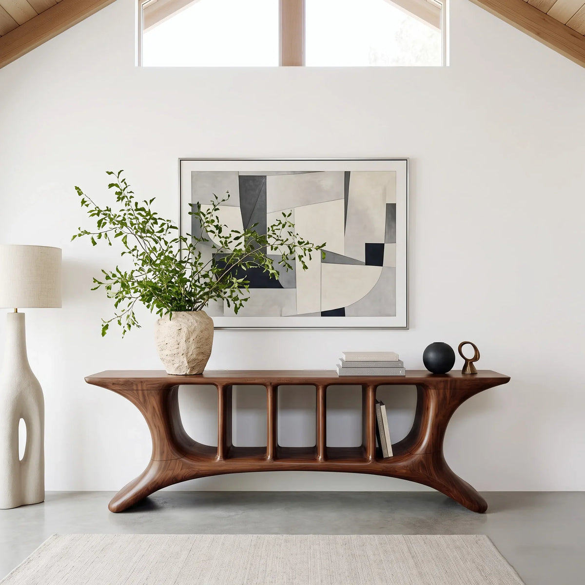 Modern Sculptural Open Shelf Console Table For Living Room