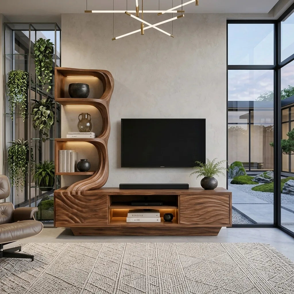 Modern Wave Carved TV Stand With Shelving For Living Room