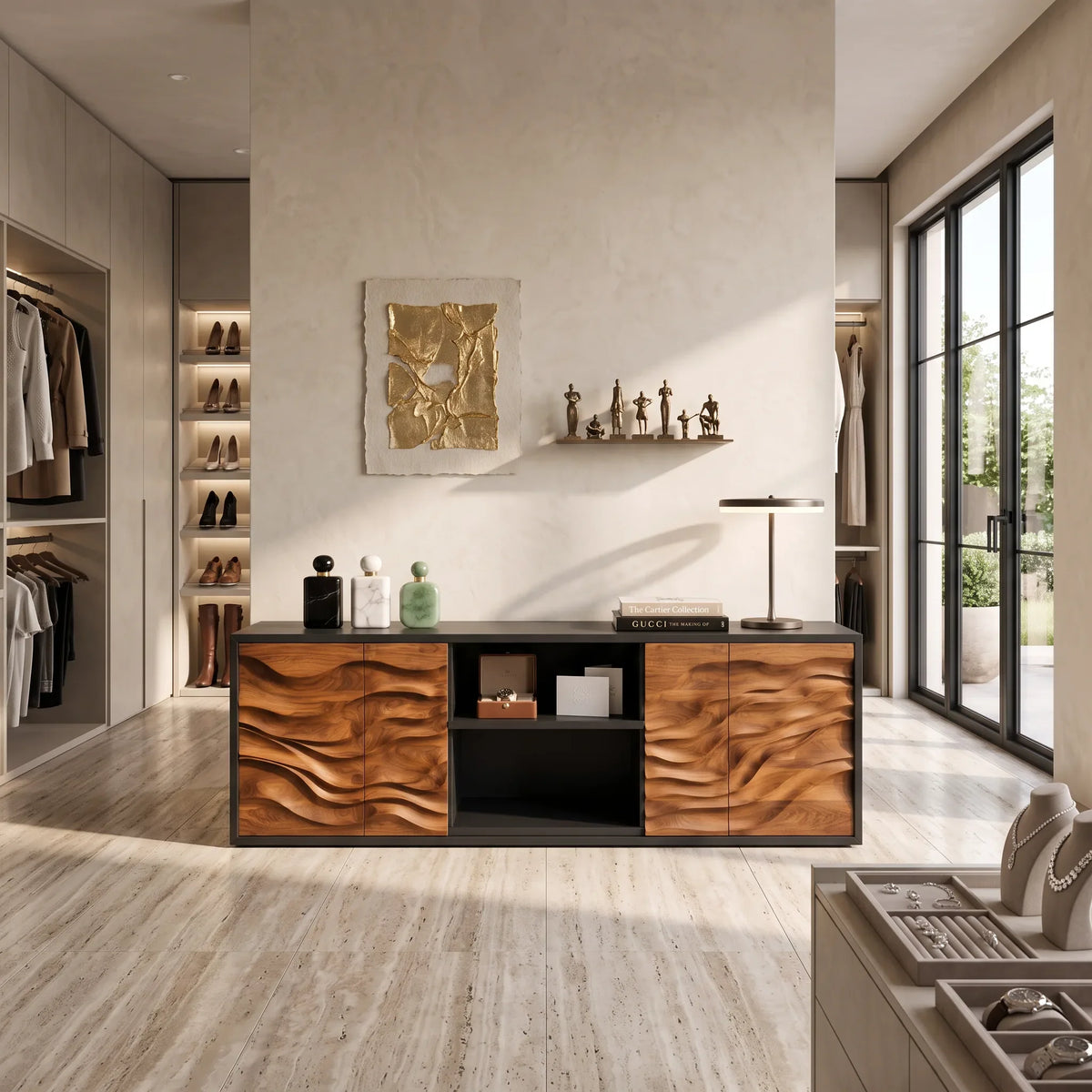 Contemporary Tall Sculpted Sideboard Bright Living Room