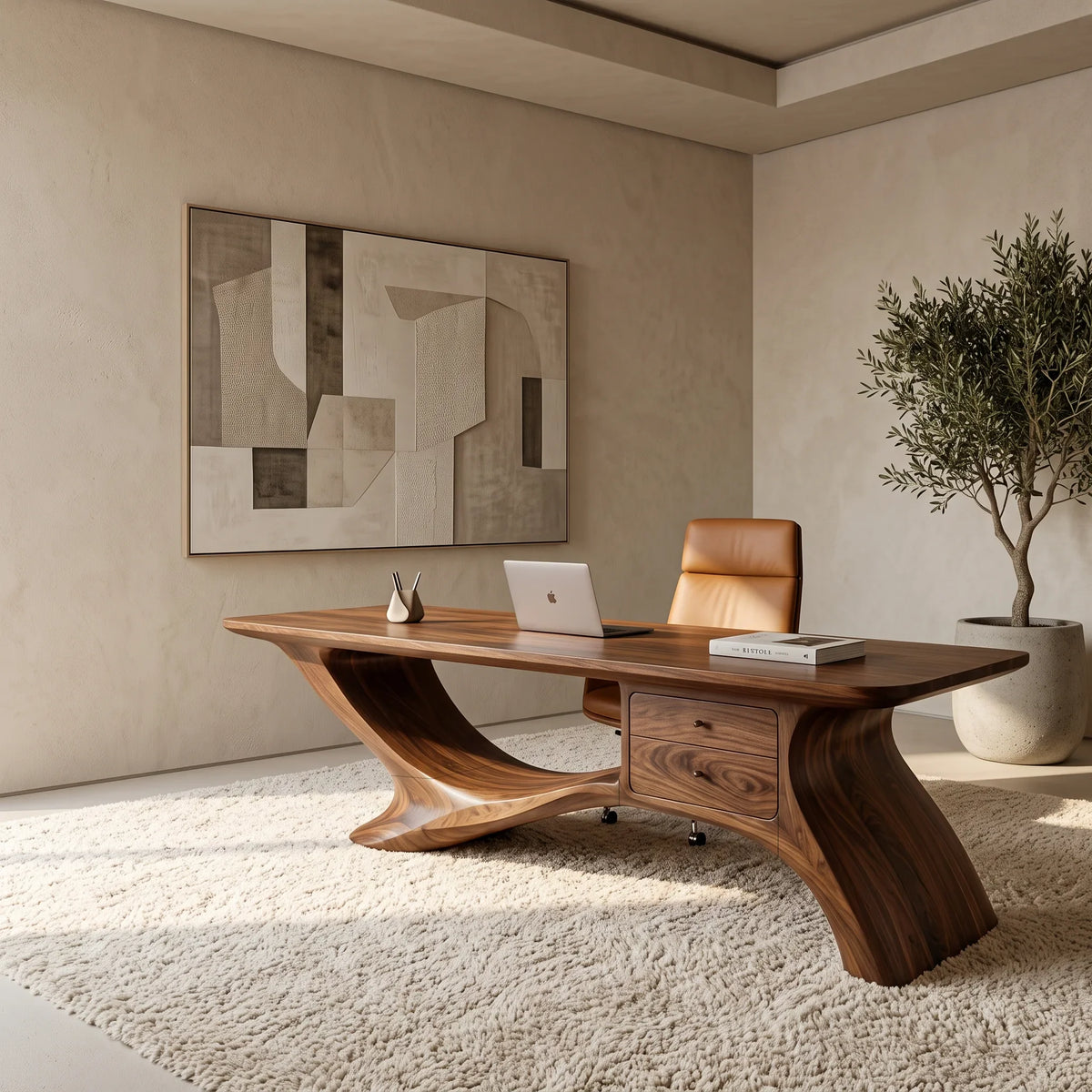 Sculptural Office Desk Organic Curved Base For Executive Office