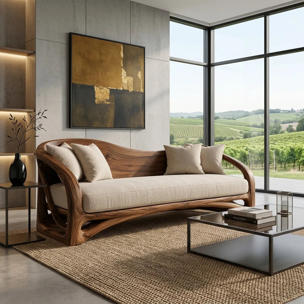 Organic Wooden Sofa With Sculptural Curved Frame For Living Room