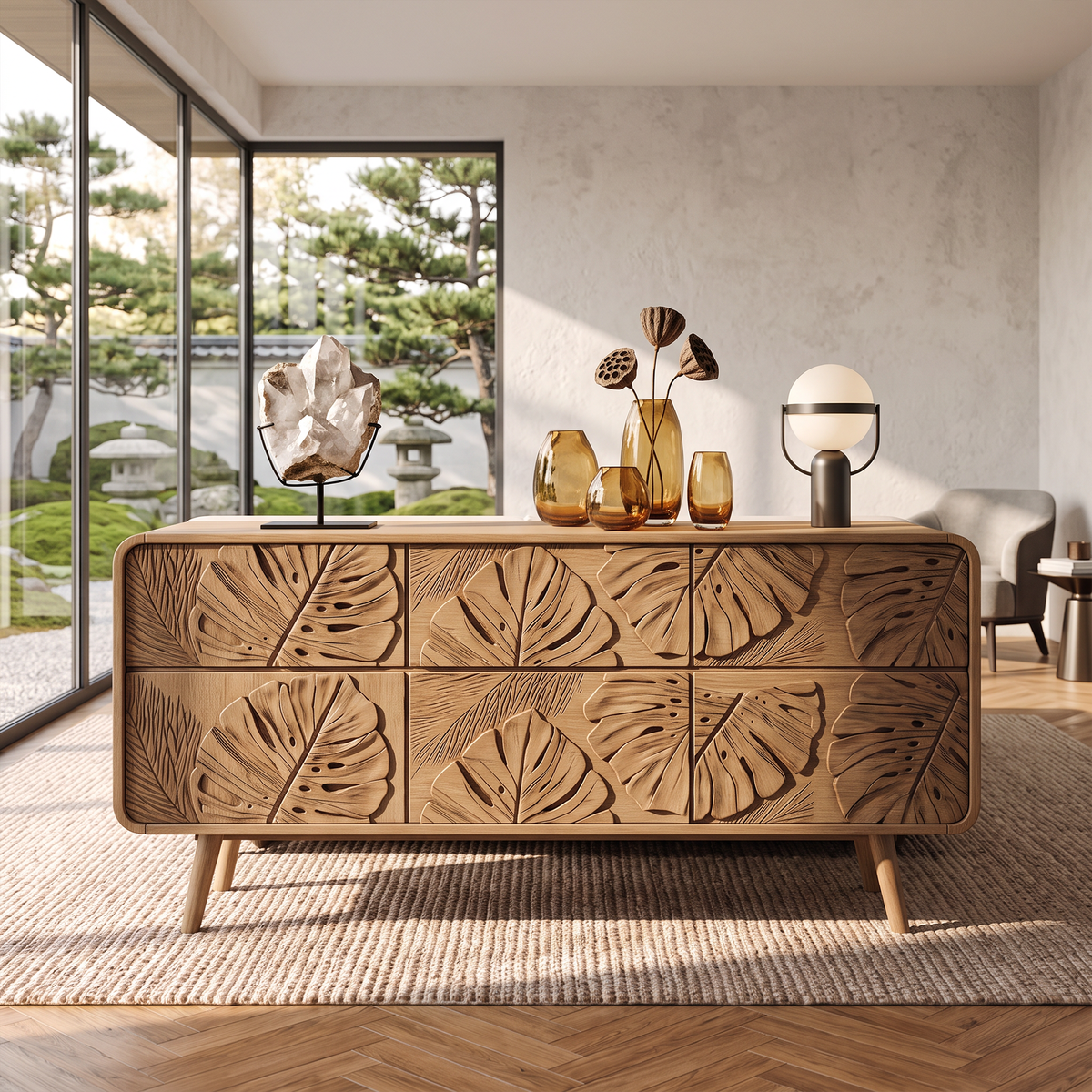 Rustic Dresser With Carved Floral Front For Bed Room