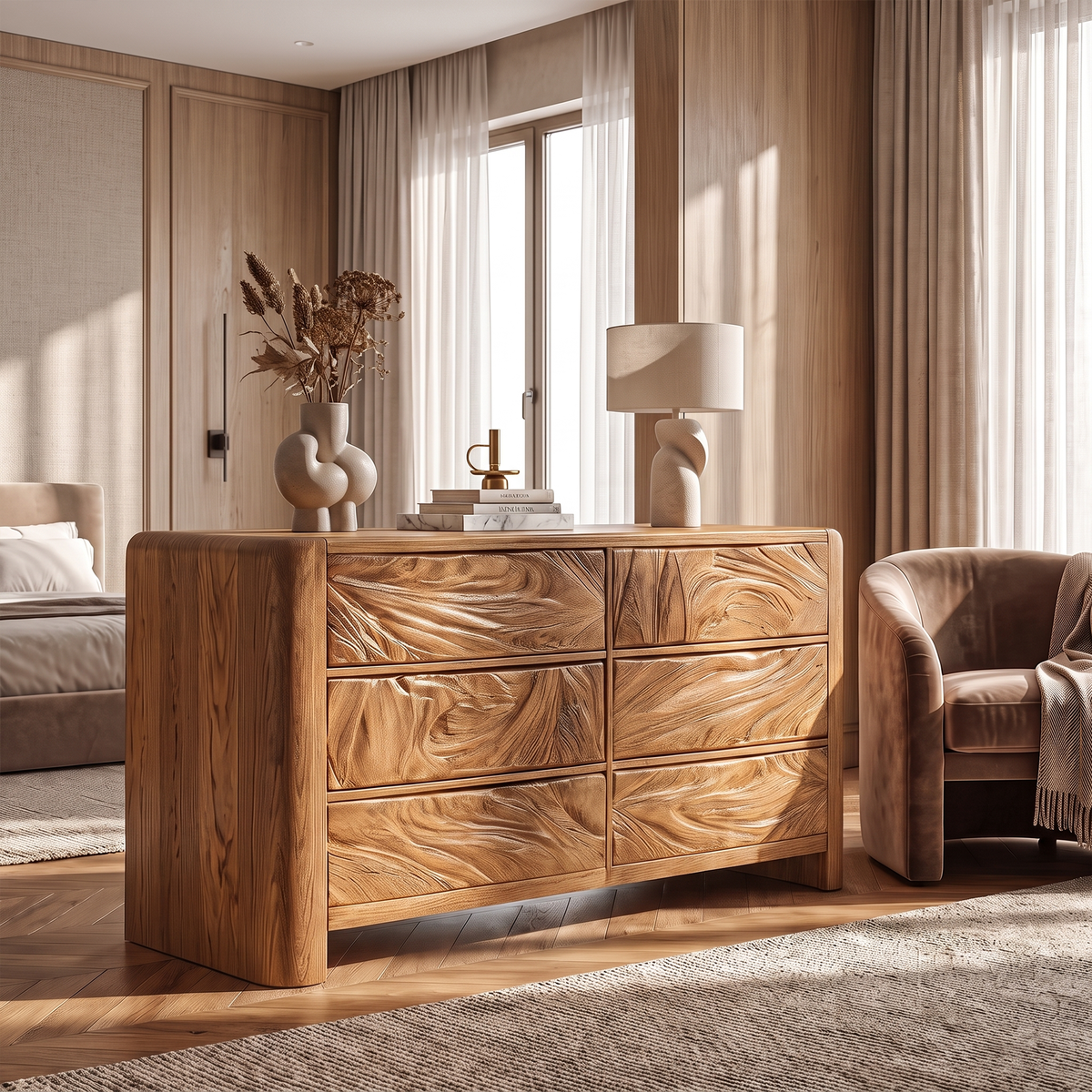 Mid Century Dresser With Carved Flowing Drawer Front For Bedroom