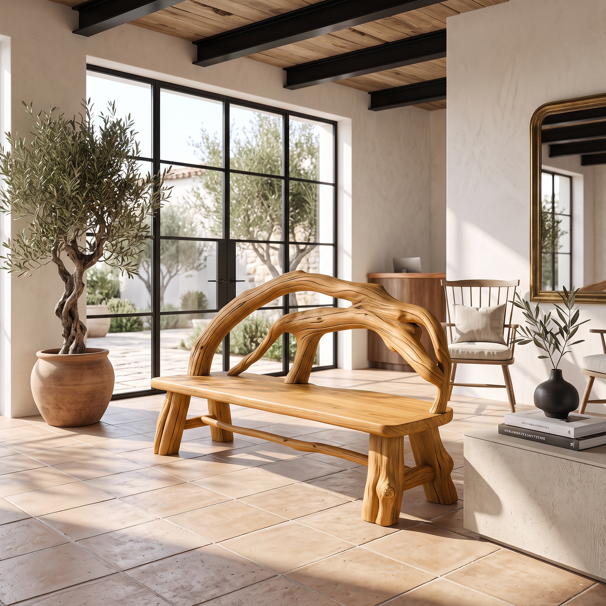Rustic Halloween Patio Bench With Carved Vine Inspired Back For Porch