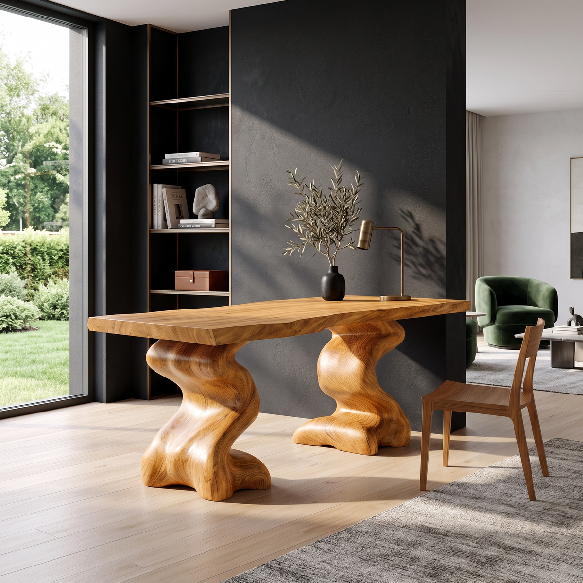Natural Wooden Desk With Root Form Base For Workspace