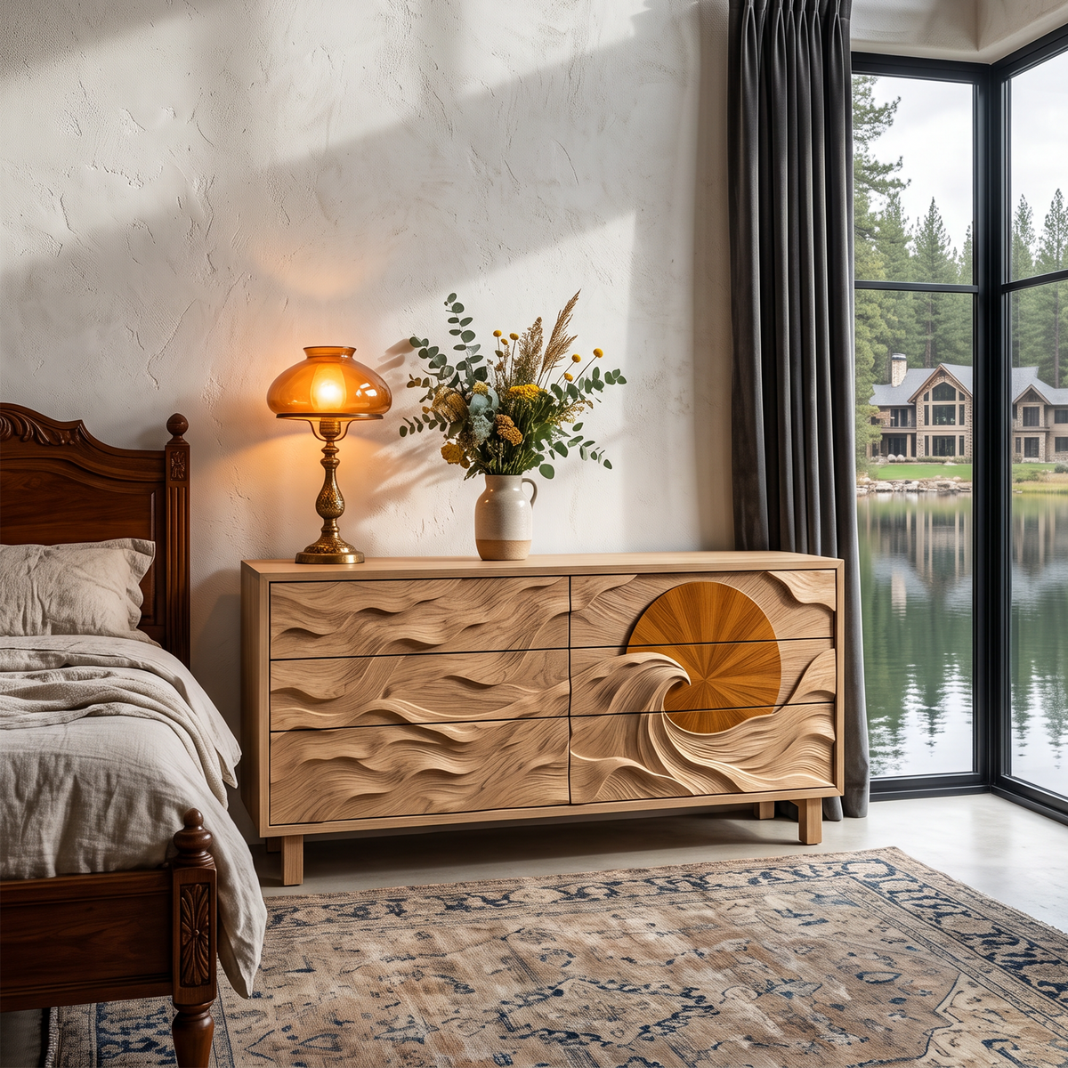 Modern Wooden Dresser With Wave Carved Drawer Fronts For Bedroom