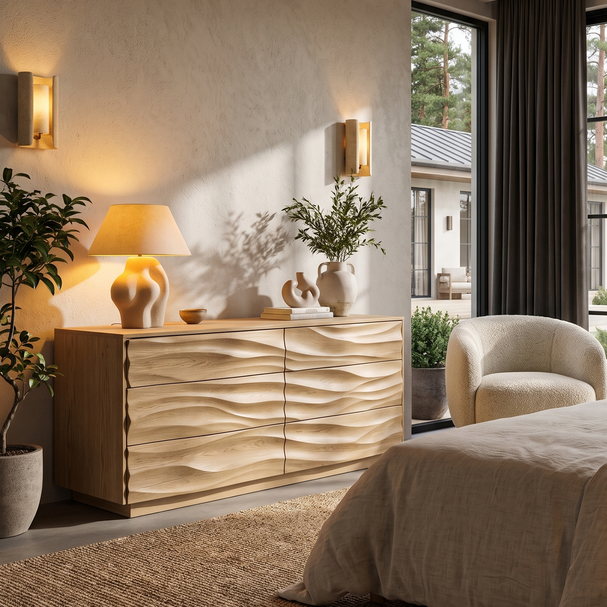 Modern Black Dresser With Wave Carved Front And Square Edge Design For Bedroom