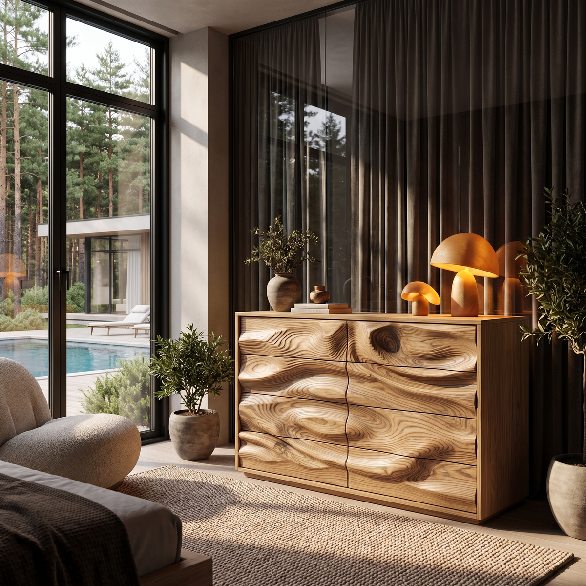 Contemporary Wooden Dresser With Sculpted Ripple Drawers For Bedroom