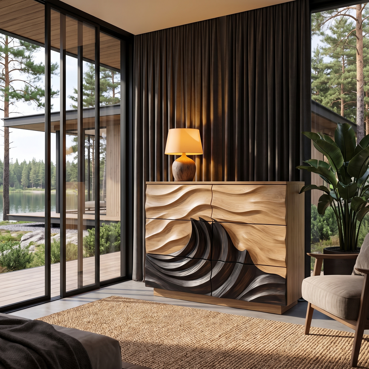Modern Black Dresser With Light Contrast Panels For Bedroom
