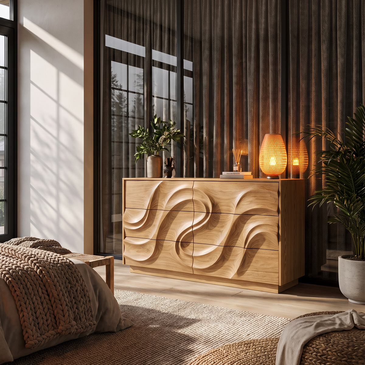 Organic Bedroom Dresser With Flowing Wave Pattern For Bedroom