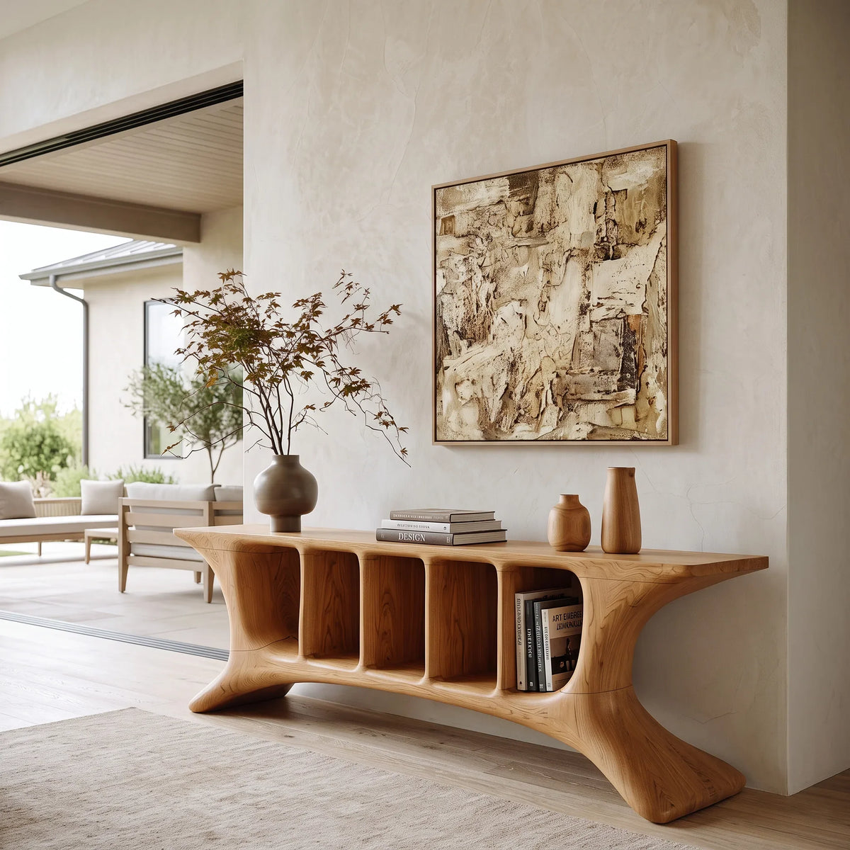 Modern Sculptural Open Shelf Console Table For Living Room
