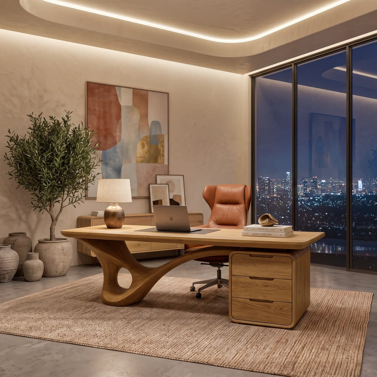 Modern Executive Desk Curved Base With Drawers For Home Office