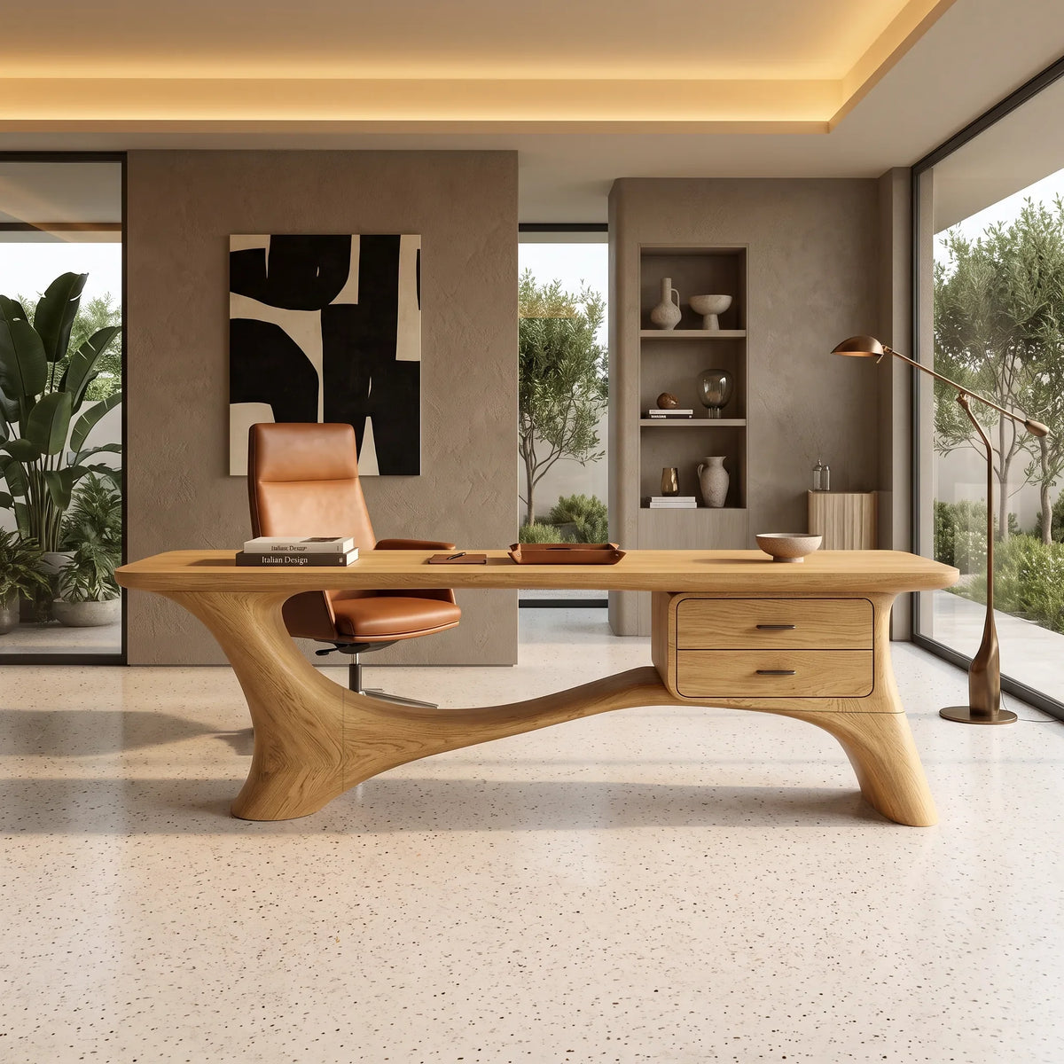 Contemporary Office Desk Sculptural Curved Base Modern Workspace